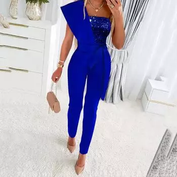 Женский комбинезон без рукавов с пайетками и поясом L чёрный