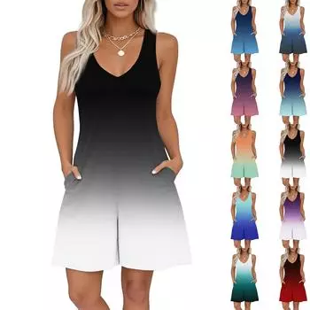 Женский комбинезон без рукавов с принтом и V-образным вырезом, повседневный комбинезон с шортами на весну и лето S