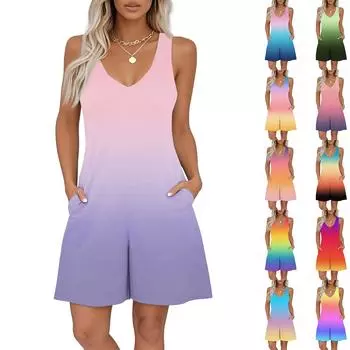 Женский комбинезон без рукавов с принтом и V-образным вырезом, повседневный комбинезон с шортами на весну и лето XL