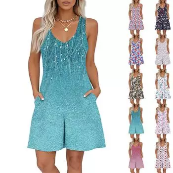 Женский комбинезон без рукавов с принтом и V-образным вырезом, повседневный комбинезон с шортами на весну и лето L бежевый
