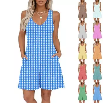 Женский комбинезон без рукавов с принтом и V-образным вырезом, повседневный комбинезон с шортами на весну и лето L синий