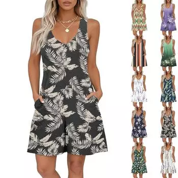 Женский комбинезон без рукавов с принтом и V-образным вырезом, повседневный комбинезон с шортами на весну и лето L армия зеленый