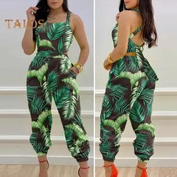 Женский комбинезон без рукавов с принтом, на шнуровке, с бантом, с перекрестными карманами на щиколотке, с открытой спиной, с высокой талией, для вечеринок S белый