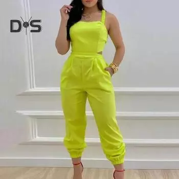 Женский комбинезон без рукавов с принтом в тон, со шнуровкой, бантом, перекрещивающимися карманами сзади, с открытой спиной и высокой талией, женский комбинезон для поездок на работу и вечеринок S зелёный