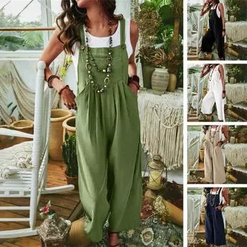 Женский комбинезон без рукавов с широкими бретелями и карманами, тонкий плиссированный тонкий повседневный однотонный комбинезон с широкими штанинами, уличная одежда L зелёный