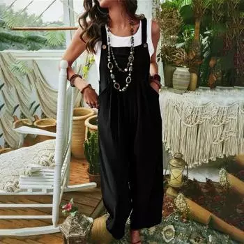 Женский комбинезон без рукавов с широкими бретелями и карманами, тонкий плиссированный тонкий повседневный однотонный комбинезон с широкими штанинами, уличная одежда L зелёный