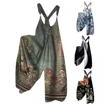 Женский комбинезон без рукавов с широкими штанинами и принтом в этническом стиле, свободный комбинезон с глубоким промежутком и низким вырезом, карманы с перекрещенными спинками, комбинезон на подтяжках 2XL
