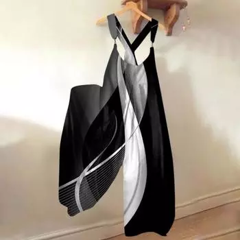 Женский комбинезон без рукавов с широкими штанинами и принтом в этническом стиле, свободный комбинезон с глубоким промежутком и низким вырезом, карманы с перекрещенными спинками, комбинезон на подтяжках L темно-синий