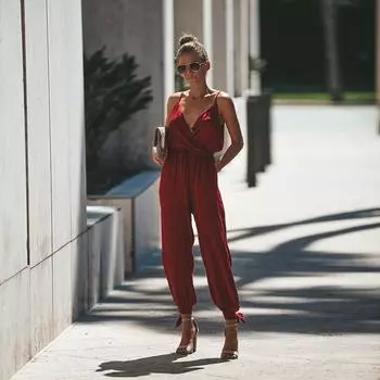 Женский комбинезон без рукавов с V-образным вырезом и открытой спиной, леггинсы на шнуровке с карманами, комбинезон S красный