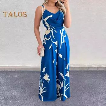 Женский комбинезон без рукавов с V-образным вырезом OL в коммутационном стиле, узкий, с высокой талией, с широкими штанинами, соответствующий цвету, полный женский летний комбинезон с принтом S синий