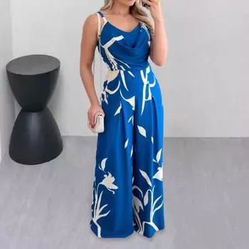 Женский комбинезон без рукавов с V-образным вырезом OL в коммутационном стиле, узкий, с высокой талией, с широкими штанинами, соответствующий цвету, полный женский летний комбинезон с принтом S синий