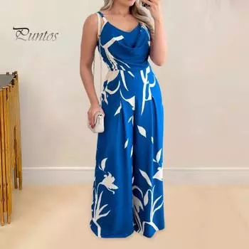Женский комбинезон без рукавов с V-образным вырезом OL в коммутационном стиле, узкий, с высокой талией, с широкими штанинами, соответствующий цвету, полный женский летний комбинезон с принтом S синий