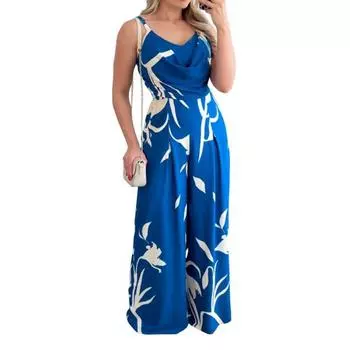 Женский комбинезон без рукавов с V-образным вырезом OL в коммутационном стиле, узкий, с высокой талией, с широкими штанинами, соответствующий цвету, полный женский летний комбинезон с принтом S синий