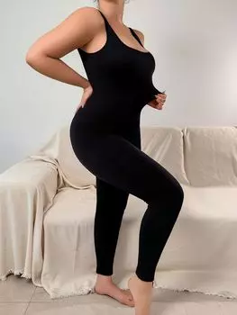 Женский комбинезон Bodycon с круглым вырезом, длинным рукавом, с застежкой-молнией, удобный цельный танцевальный костюм из спандекса (1XL-4XL, черный) 1XL чёрный