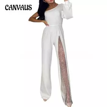 Женский комбинезон больших размеров с косыми плечами и высоким разрезом S чёрный