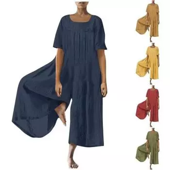 Женский комбинезон большого размера с квадратным воротником и половиной рукавом, винтажный однотонный плиссированный комбинезон с широкими штанинами