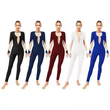 Женский комбинезон для фигурного катания, блестящие стразы, прозрачные сетчатые панели, длинный рукав, вырез-замочная скважина на спине, боди для выступлений S чёрный