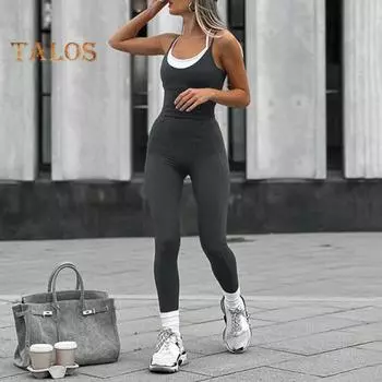 Женский комбинезон для йоги, искусственный двухсекционный лоскутный спортивный комбинезон с круглым вырезом, высокоэластичный, без рукавов, с открытой спиной, плотный однотонный спортивный комбинезон S серый