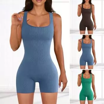 Женский комбинезон для йоги, однотонный, без рукавов, мягкий эластичный комбинезон с квадратным вырезом для фитнеса, трикотажный ребристый спортивный комбинезон для тренировок, женская одежда S зелёный