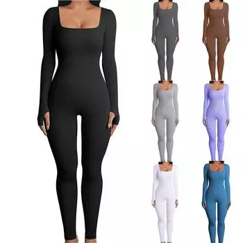 Женский комбинезон для йоги с длинным рукавом в рубчик с квадратным вырезом, облегающий повседневный боди, комбинезон для тренировок, спортивный комбинезон с длинными рукавами для фитнеса M чёрный