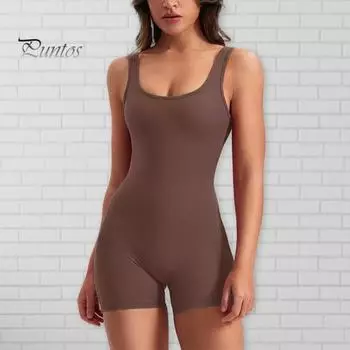 Женский комбинезон для йоги с открытой спиной, эластичный, мягкий, дышащий, с U-образным вырезом, скинни, подтяжка ягодиц, контроль над животом, компрессия без рукавов, чистый цвет, спортивный зал S кофейный