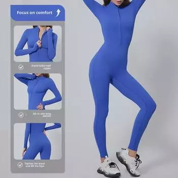 Женский комбинезон для йоги телесного цвета с длинными рукавами на молнии для бега и фитнеса XS