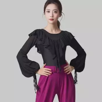 Женский комбинезон для современных танцев - длинный рукав, сетчатый фонарь, шнуровка 2XL