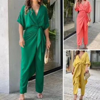 Женский комбинезон для вечеринок с глубоким V-образным вырезом, сплошной цвет, плиссированный узел, нерегулярный подол, платье длиной до щиколотки, стиль OL, женский комбинезон для поездок на работу, женская одежда 3XL жёлтый