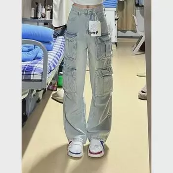 Женский комбинезон High Street Slim 2024 года: Повседневные брюки прямого кроя с широкими штанинами и высокой талией. XL синий