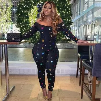 Женский комбинезон In Woman 2024 с принтом на плечах и длинными рукавами L чёрный