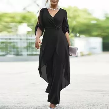 Женский комбинезон из двух частей с V-образным вырезом в формальном стиле для поездок на работу, чистый цвет, с длинным рукавом, с высокой талией, ажурный лоскутный комбинезон с розовым декором и застежкой сзади S чёрный