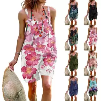 Женский комбинезон из хлопка и льна с принтом, винтажный регулируемый комбинезон без рукавов с карманами на бретельках M хаки