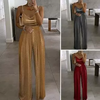 Женский комбинезон из искусственного жемчуга без рукавов с открытой спиной, глубоким V-образным вырезом, широкими штанинами, прямой однотонный плиссированный комбинезон с высокой талией, полная длина, женский комбинезон для выпускного вечера M золотистый