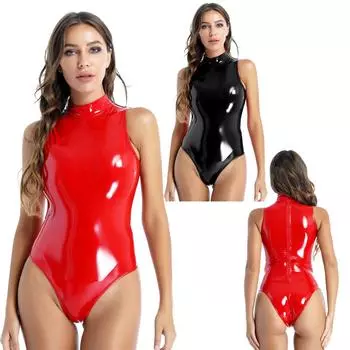 Женский комбинезон из лакированной кожи с эффектом мокрой кожи без рукавов с воротником-стойкой и молнией сзади, клубная одежда M