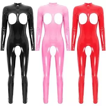 Женский комбинезон из лакированной кожи с вырезом, воротником-стойкой, длинным рукавом, молнией сзади, клубная одежда S