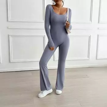 Женский комбинезон из микрофибры с длинными рукавами и U-образным вырезом на осень и зиму S синий/серый