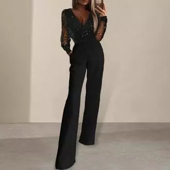 Женский комбинезон из прозрачной сетки в стиле пэчворк с высокой талией и карманами, широкий вырез V M чёрный