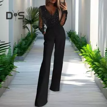 Женский комбинезон из прозрачной сетки в стиле пэчворк с высокой талией и карманами, широкими штанинами, с V-образным вырезом, для выпускного вечера, официального банкета M чёрный