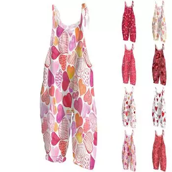 Женский комбинезон ко Дню святого Валентина с принтом, свободный, в стиле ретро, с бретелями из хлопка и льна L чёрный