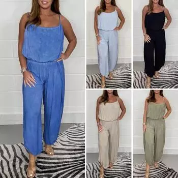 Женский комбинезон-комбинезон с широкими штанинами, без спинки, без рукавов, без воротника, с эластичной талией, повседневный свободный наряд для весны и лета M хаки