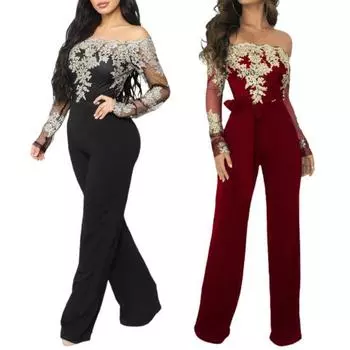 Женский комбинезон, кружевной лоскутный комбинезон на весну и лето, облегающий комбинезон с бантом для офиса L чёрный/золотой