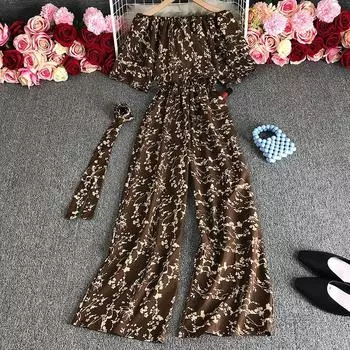 Женский комбинезон, летние повседневные свободные комбинезоны с открытыми плечами и цветочным принтом, на шнуровке с поясом, широкие праздничные комбинезоны One Size