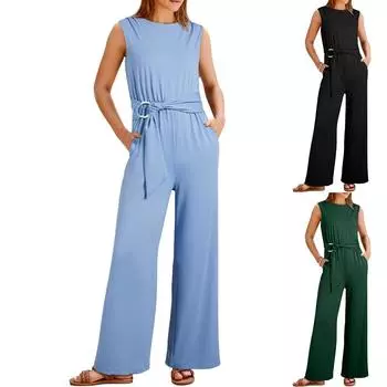 Женский комбинезон летний без рукавов с высокой талией и широкими брюками с карманами S синий
