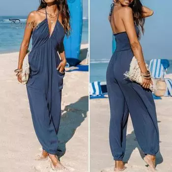Женский комбинезон макси с плиссировкой, глубоким V-образным вырезом, цельный, длинные брюки для бега с карманами, повседневный пляжный комбинезон без рукавов S морской синий