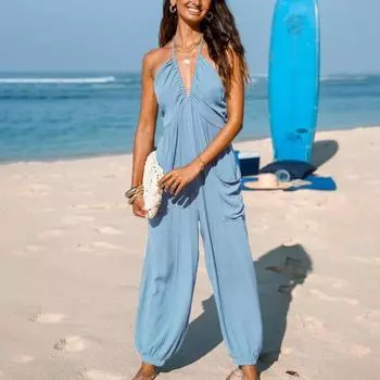 Женский комбинезон макси с плиссировкой, глубоким V-образным вырезом, цельный, длинные брюки для бега с карманами, повседневный пляжный комбинезон без рукавов S светло-синий