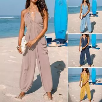 Женский комбинезон макси с плиссировкой, глубоким V-образным вырезом, цельный, длинные брюки для бега с карманами, повседневный пляжный комбинезон без рукавов S жёлтый