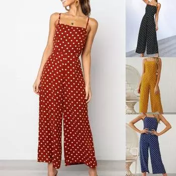 Женский комбинезон на бретельках с высокой талией, милый женский комбинезон с принтом в горошек для отпуска XL синий