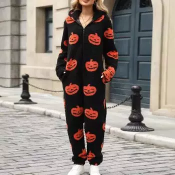 Женский комбинезон на молнии с принтом Хэллоуина из плюша S чёрный
