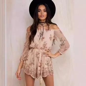 Женский комбинезон на одно плечо с цветочным принтом и длинными рукавами S золотой