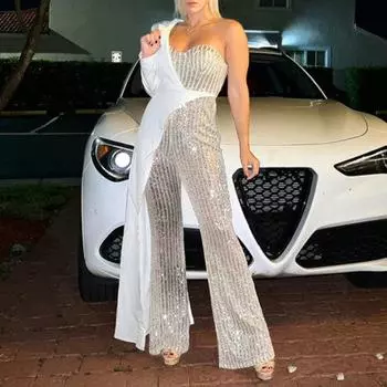 Женский комбинезон на одно плечо с одним рукавом, костюм-пальто, платье в стиле пэчворл, блестящий асимметричный комбинезон с пайетками, широкий комбинезон с узкой талией для выпускного вечера XL белый